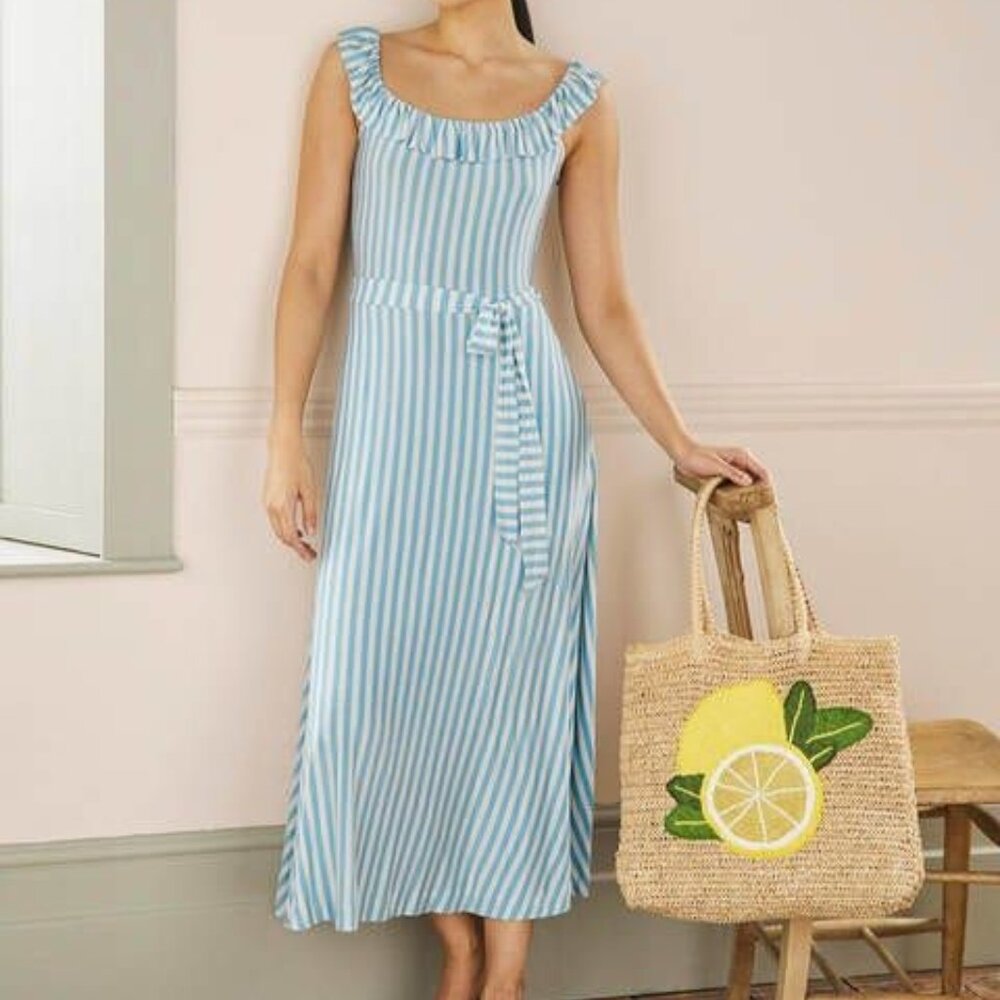Boden Ruffle Neck Jersey Midi Dress-Brioche, Oriental Paradise Size 12